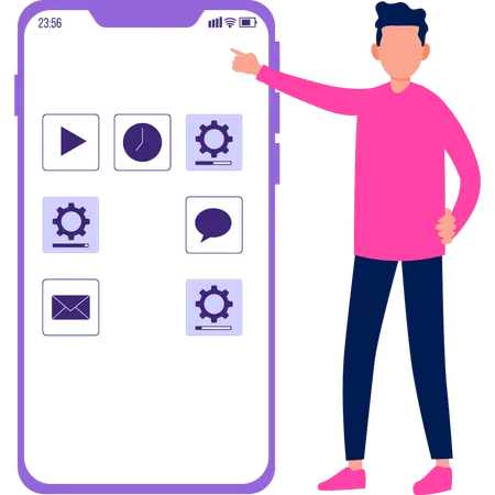 Boy pointing at mobile setting  Illustration