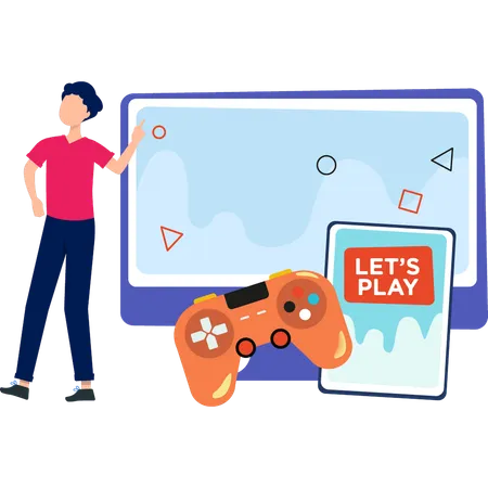 Boy Pointing At Online Game On Monitor  Illustration
