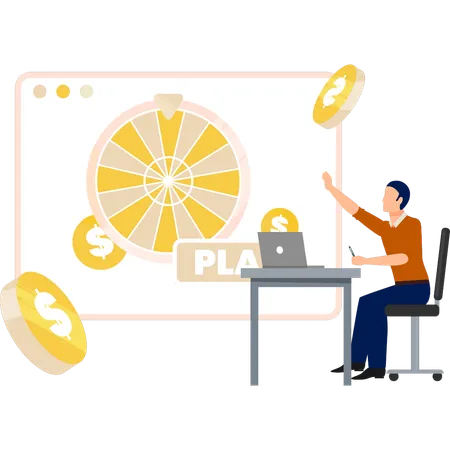 Boy pointing at online roulette wheel on web page  Illustration