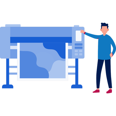 Boy pointing at paper of printer machine  Illustration