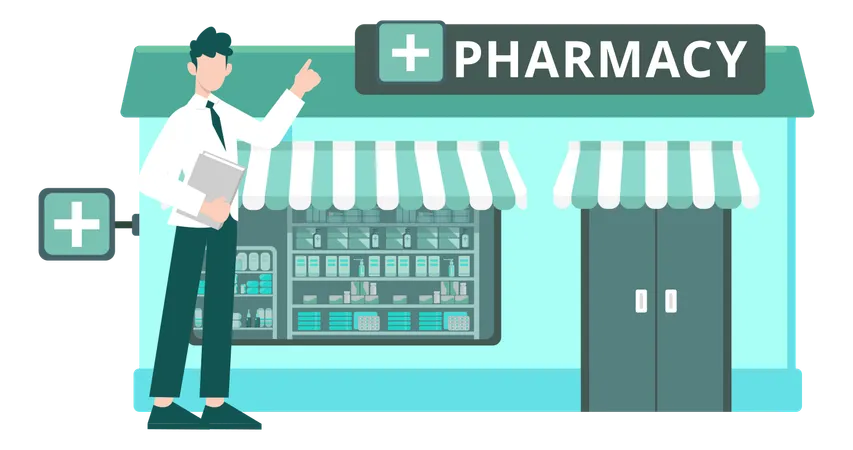 The Boy Is Pointing To The Pharmacy Outside Illustration