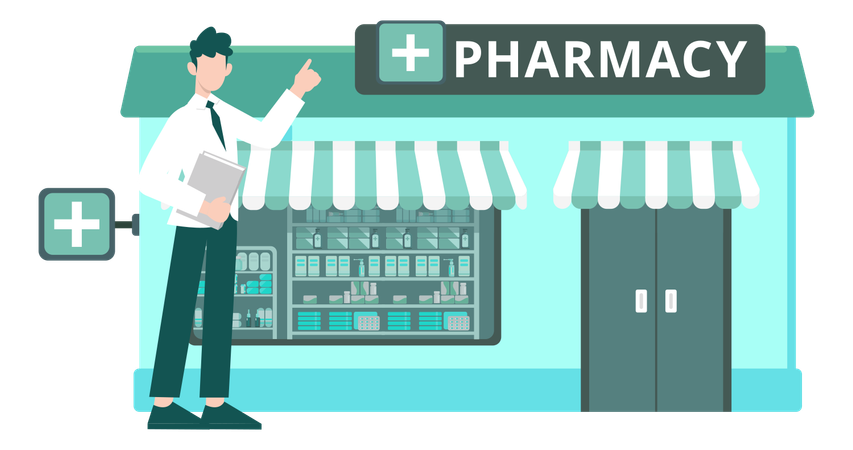 Boy Pointing At Pharmacy  Illustration