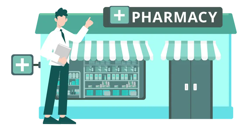 Boy Pointing At Pharmacy  Illustration