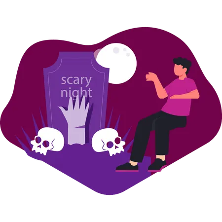 Boy pointing at scary night  Illustration