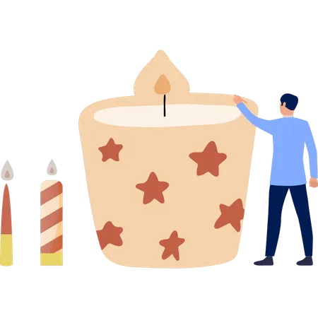 Boy pointing at scented candle  Illustration