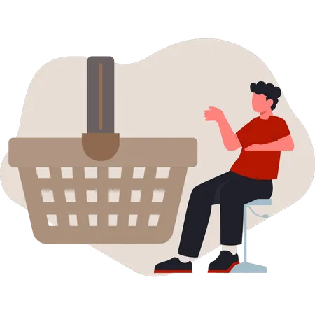 Boy pointing at shopping trolley  Illustration