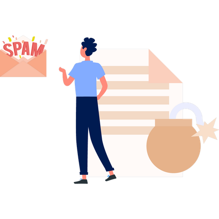 Boy pointing at spam Emails  Illustration