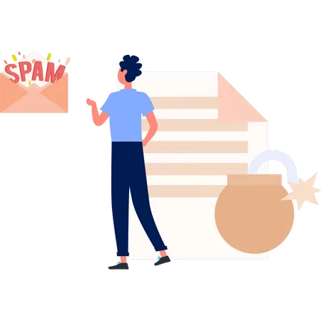 Boy pointing at spam Emails  Illustration