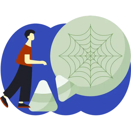 Boy pointing at spider web  Illustration