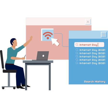 Wifi 신호를 가리키는 소년  일러스트레이션