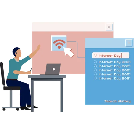 Wifi 신호를 가리키는 소년  일러스트레이션