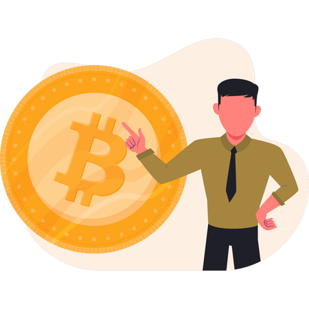 Boy pointing bitcoin  Illustration