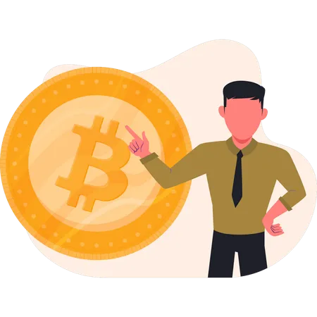 Boy pointing bitcoin  Illustration