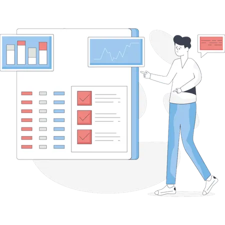 Boy pointing business analytics graph  Illustration