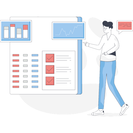 Boy pointing business analytics graph  Illustration