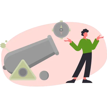 Boy  pointing cannon dynamite  Illustration