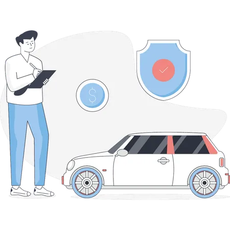 自動車保険を指差す少年  イラスト