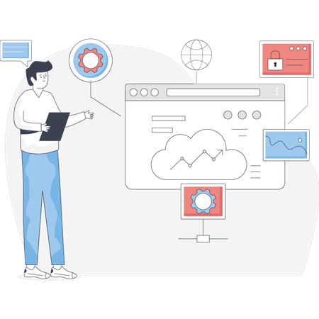 Boy  pointing cloud management  Illustration