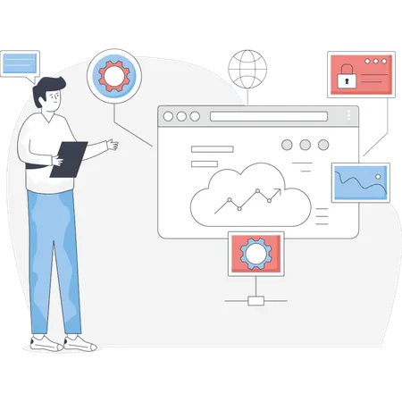 Boy  pointing cloud management  Illustration