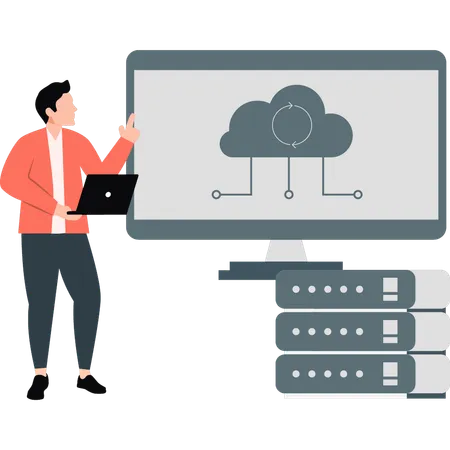 Boy pointing cloud networking  Illustration