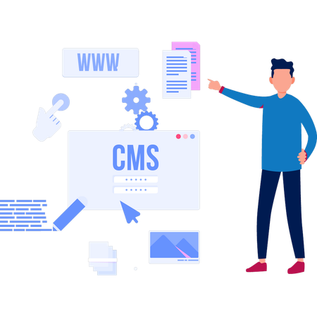 CMS 비밀번호를 가리키는 소년  일러스트레이션