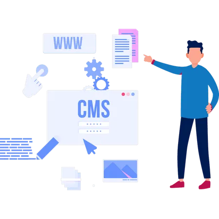 CMS 비밀번호를 가리키는 소년  일러스트레이션