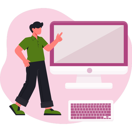 Boy pointing computing monitor  Illustration