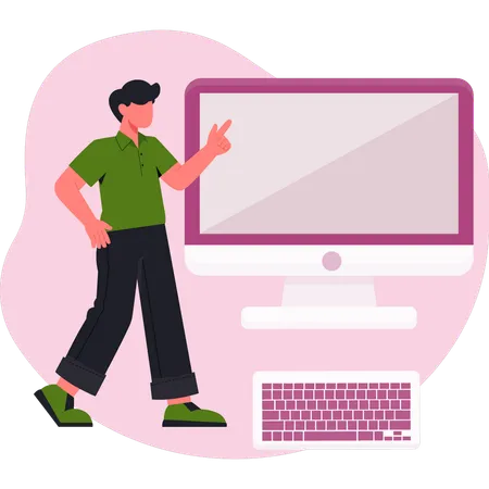 Boy pointing computing monitor  Illustration