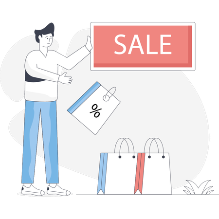 Boy  pointing discount shopping  Illustration