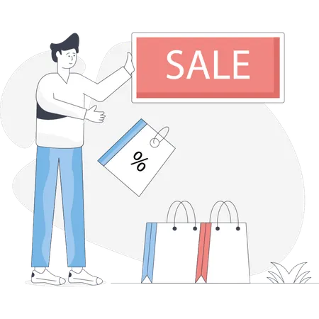 Boy  pointing discount shopping  Illustration