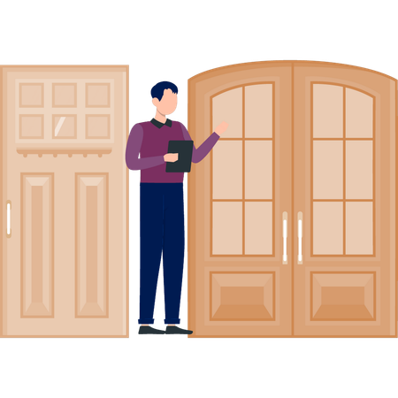 Boy pointing door way  Illustration