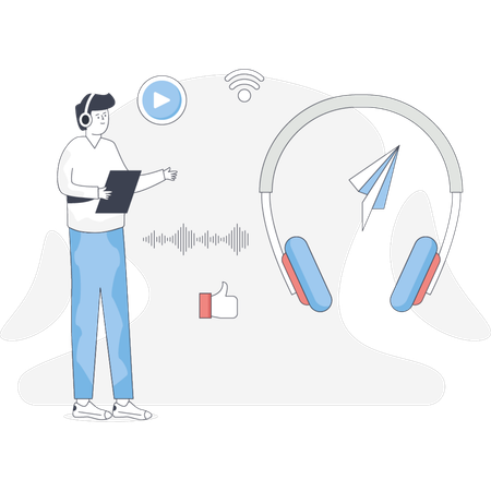 Boy  pointing headphone music  Illustration