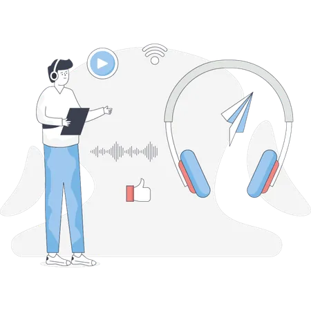 Boy  pointing headphone music  Illustration