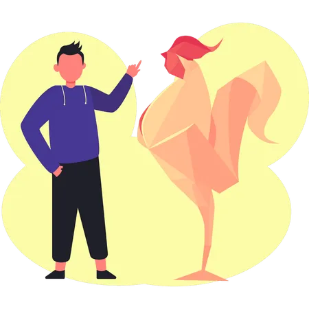 Boy pointing hen origami  Illustration