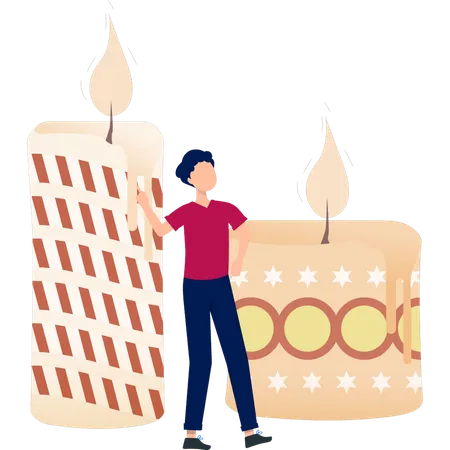 Boy pointing home decoration candle  Illustration