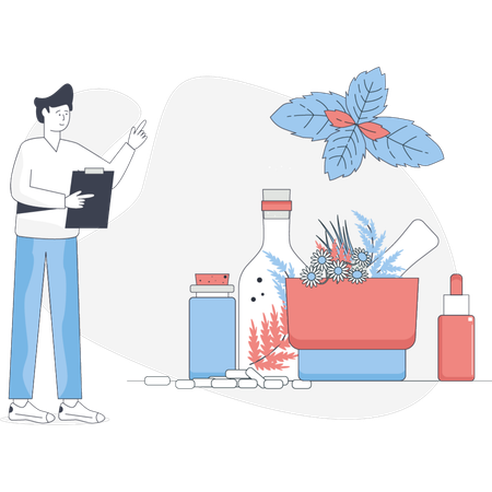 Boy  pointing homeopath medicine  Illustration