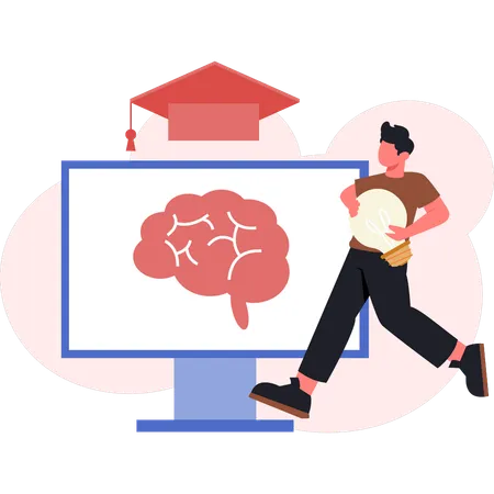 Boy pointing human brain on monitor  Illustration