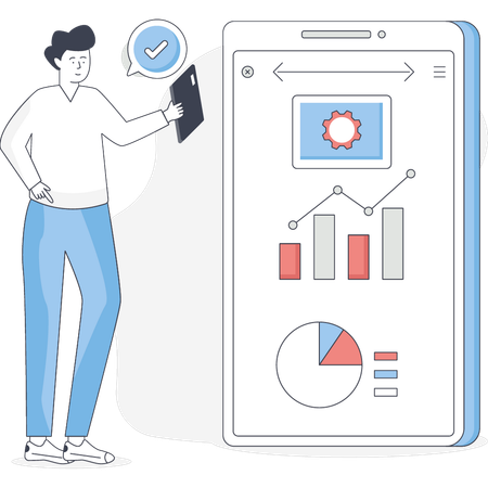 Boy pointing mobile graph  Illustration