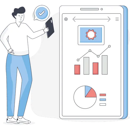 Boy pointing mobile graph  Illustration