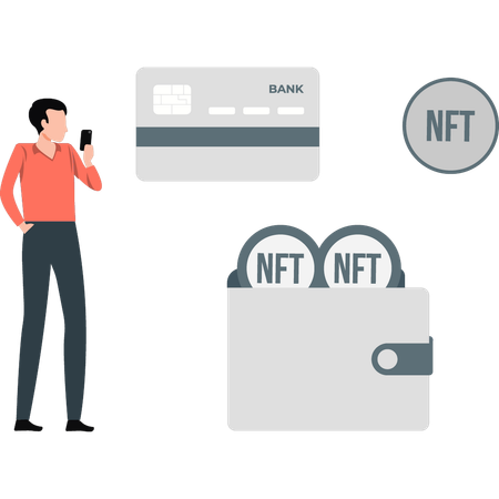 NFT 지갑 돈을 가리키는 소년  일러스트레이션