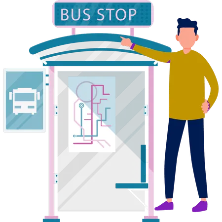 Boy pointing on bus stop board  Illustration