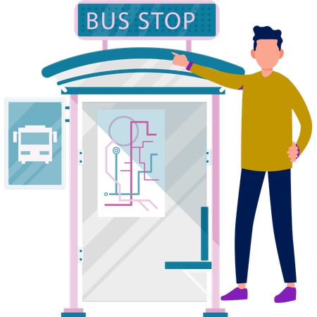 Boy pointing on bus stop board  Illustration