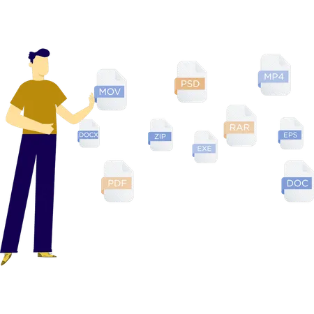 Boy pointing out multiple files  Illustration