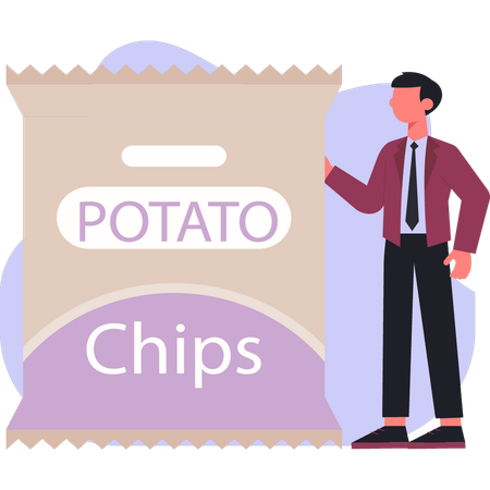 Boy  pointing potato chips  Illustration