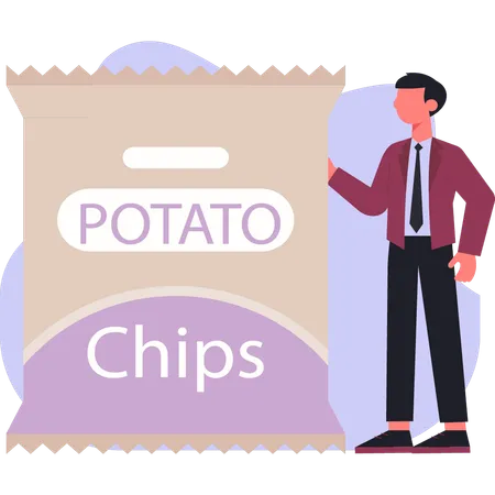 Boy  pointing potato chips  Illustration