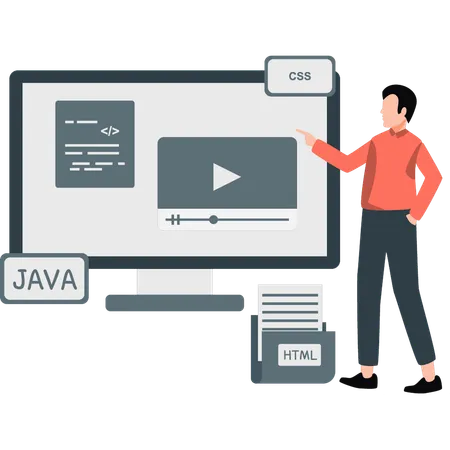 Boy pointing programming video  Illustration