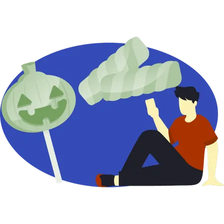 Boy pointing pumpkin candy  Illustration