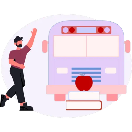Boy  pointing school van  Illustration