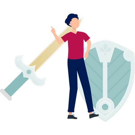 Boy pointing shield sword  Illustration