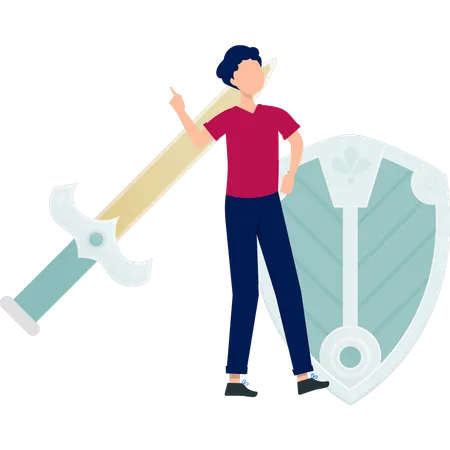 Boy pointing shield sword  Illustration